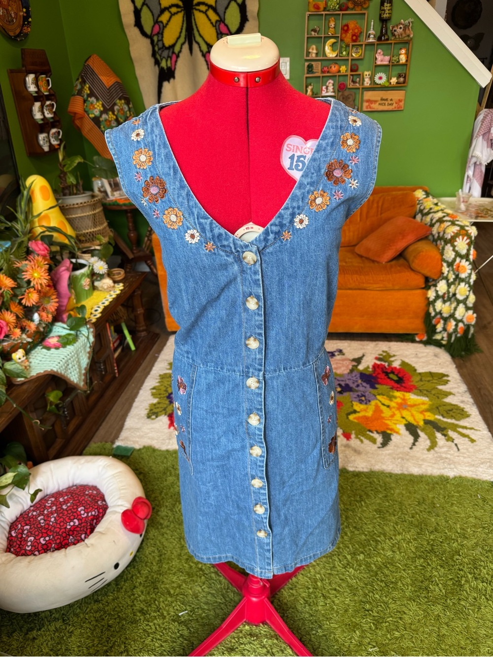 Princess Highway Blue Denim Midi Dress with Floral Embroidery